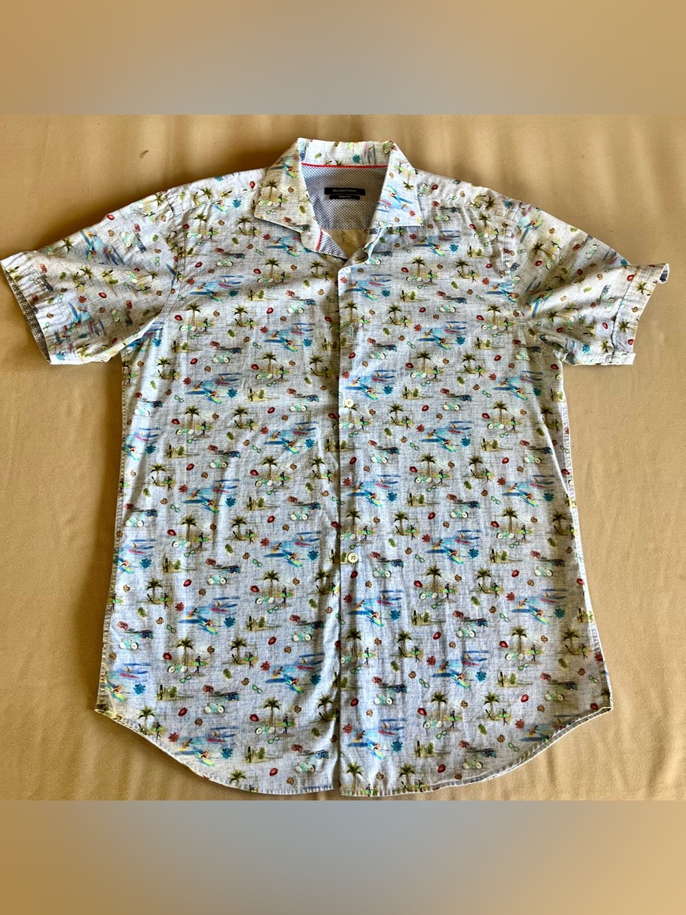 Bugatchi Men's Short-Sleeve Blue Tropical Button-Up Shirt Palm Tree Surfers | L